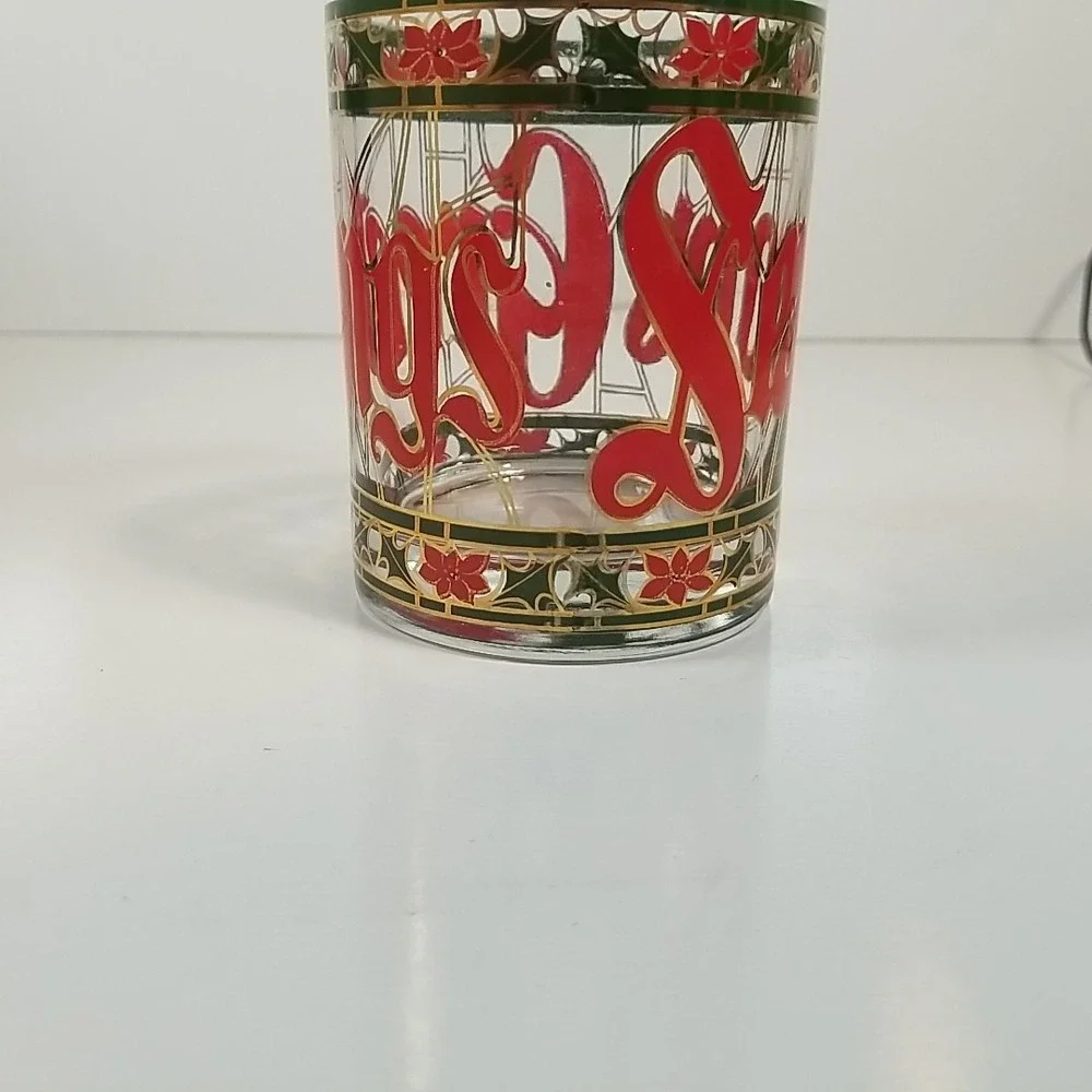 Houze 'Seasons Greetings' Glass Drink Tumbler Red & Green Gold Rim Vintage